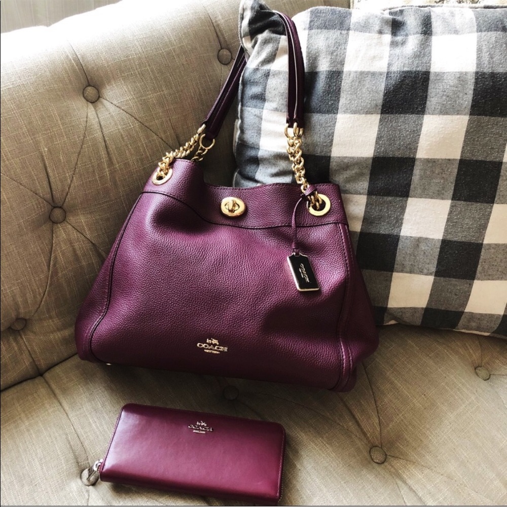 Coach Edie Turnlock Pebbled Leather Purple Shoulder Bag